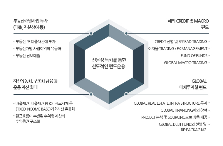 전문성 특화를 통한 선도적인 펀드운용 | 부동산개발사업 투자(대출, 지분참여 증): -부동산 PF 대출채권에 투자, -부동산개발 사업이익의 유동화, - 부동산 담보대출 / 
		해외 Credit 및 Macro 펀드: - Credit 선별 및 Spread Trading, - 이자율 Trading / FX Management, - Fund of Funds, - Global Macro Trading / 
		자산유동화, 구조화 금융 등 운용 자산 확대: - 매출채권, 대출채권 Pool, 사모사채 등(Fixed Income Base) 기초자산 유동화, - 현금흐름이 수반된 수익형 자산의 수익증권 구조화 / 
		Global 대체투자형 펀드: - Global Real Estate, Infra Structure 투자, - Global Financing에의 참여, - Project 분석 및 Sourcing으로 상품 제공, Global Debt Fund의 선별 및 
	    Re-packaging