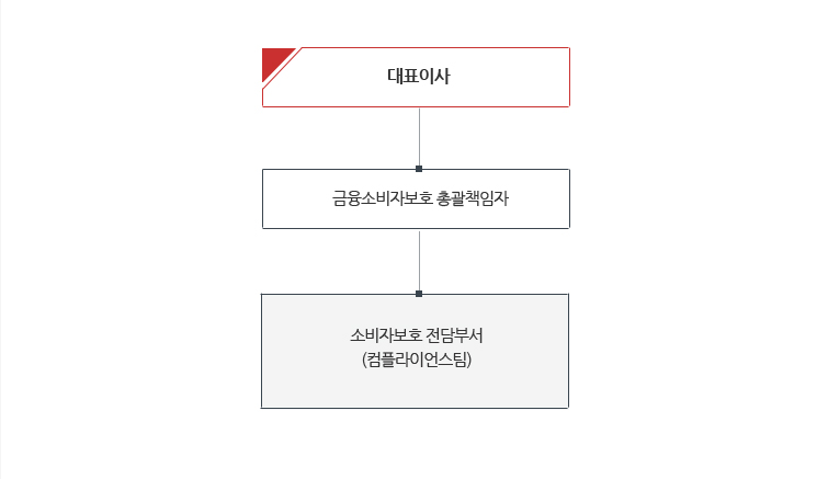 금융소비자보호 조직도는 대표이사, 금융소비자보호 총괄책임자, 소비자보호 전담부서(컴플라이언스팀)로 구성되어 있습니다.